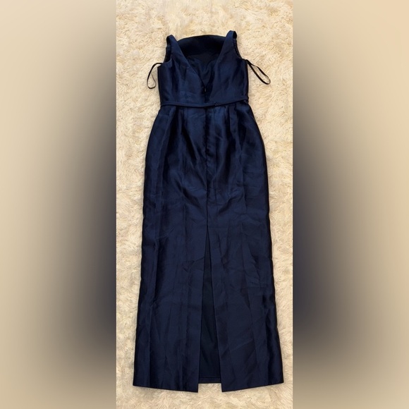 NEW Alfred Sung Strapless Bow Belt Satin Twill Column midnight blue Gown Sz 10 - Picture 7 of 8